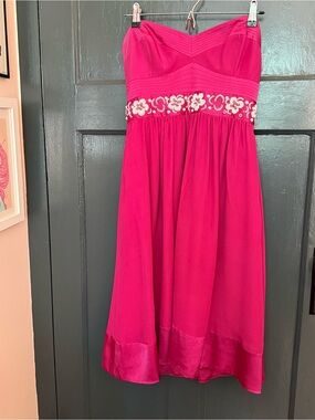 Shoshanna Fuchsia Silk Strapless Beaded Embroidered Party Dress
